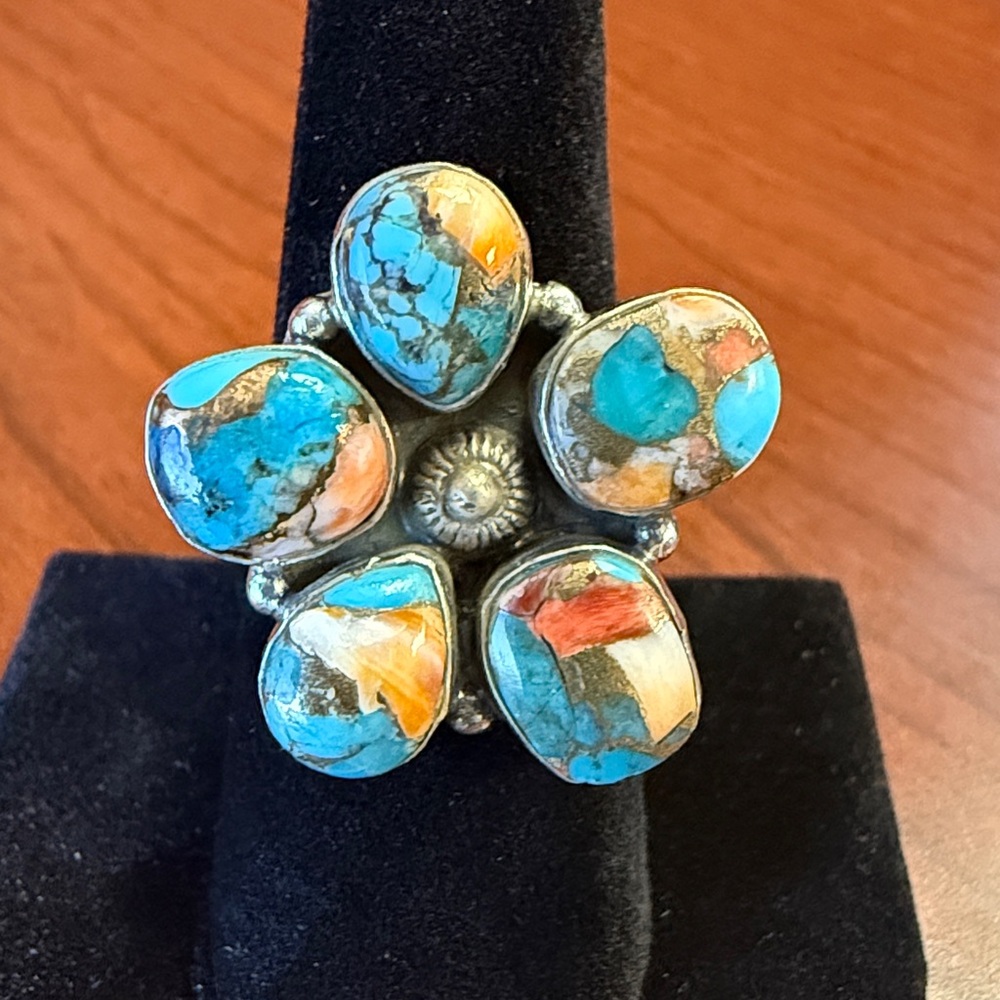 925 Sterling Silver Spiny Oyster Turquoise Nugget Flower Western Ring Size 8